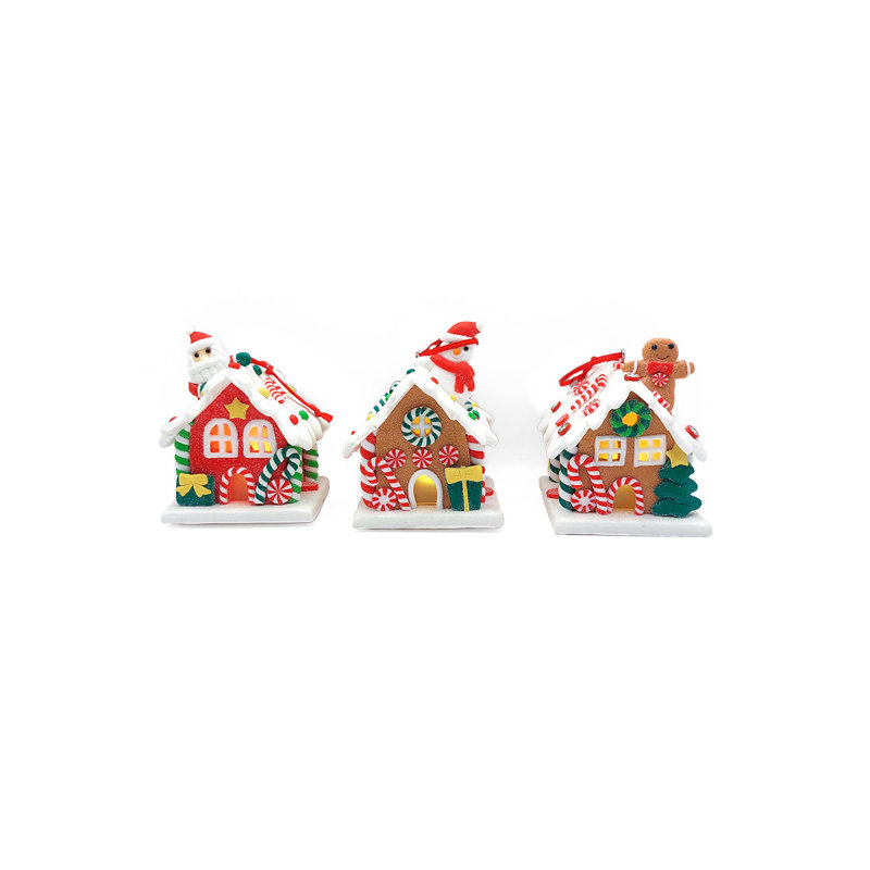 Ornement de Noël - Maison de neige en pain d'épice avec père Noël.  Décoration festive F07-N2-18-GE403A