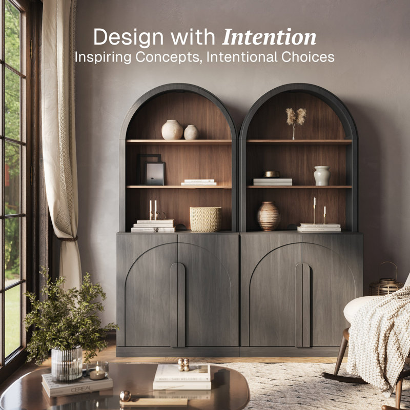 71" Tall Arched Bookshelf with Storage, Set of 2, Ebony, Ebony