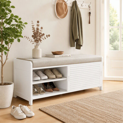 Banc à chaussures en volets vieillis avec rangement et coussin, charme rétro pour salon et entrée