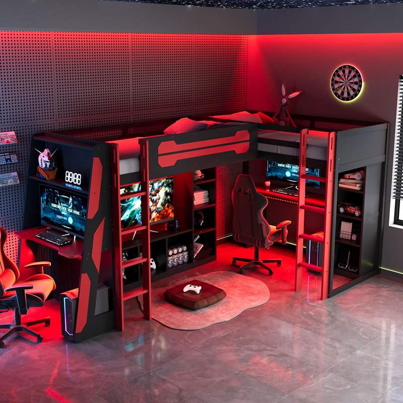 L-Shaped Twin Wood Loft Bed with RGB LED, Dual Beds, USB Ports, TV Stand & Storage Shelves, Space-Saving Gaming Bed,Red, Red