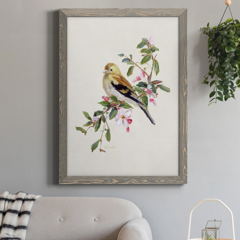 Spring Song Pine Grosbeak - cadre photo, impression sur toile, H 20 po x l 17 po x P 1 po, Toile avec cadre gris