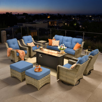 10-Piece Wicker Patio Conversation Set with Swivel Rocking Chairs and 50,000 BTU Fire Pit Table