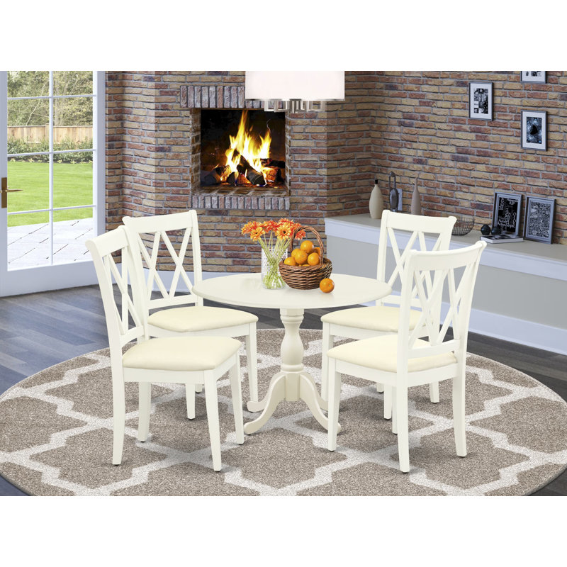 5 Piece Dinette Set for 4 Includes a Round Dining Room Table with Dropleaf and 4 Linen Fabric Dining Chairs, Linen White