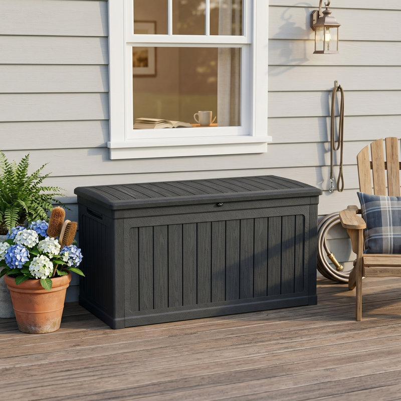 230 Gallon Resin Outdoor Storage Deck Box with Wood Texture, Black