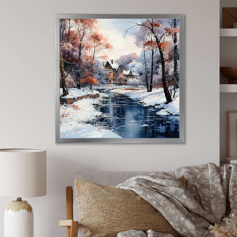 «Cabin River Forest Charm In Winter», reproduction sur toile, Cadre simple argenté, H 36 po x l 36 po x P 1,5 po