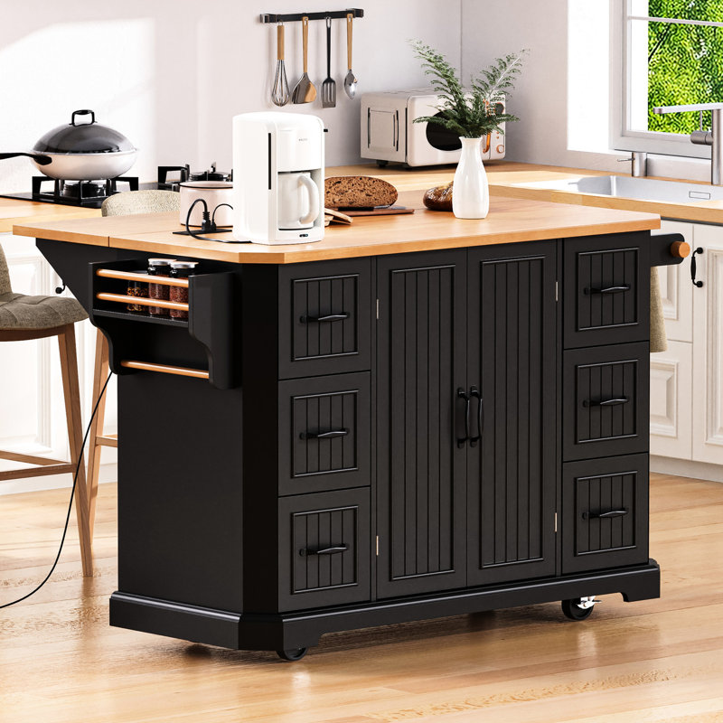 Grand îlot de cuisine avec prise de courant et tablettes réglables avec plateau en bois d'hévéa noir de 47 po et 4 portes