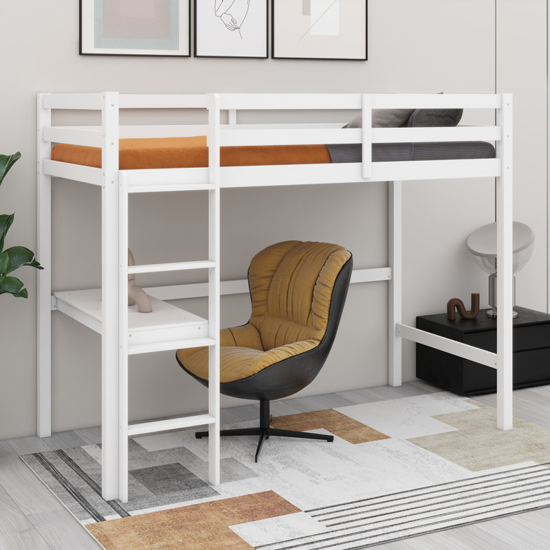 Rubber Wood Loft Bed Frame With Built-In Desk,Safety Guardrail And Ladder, White