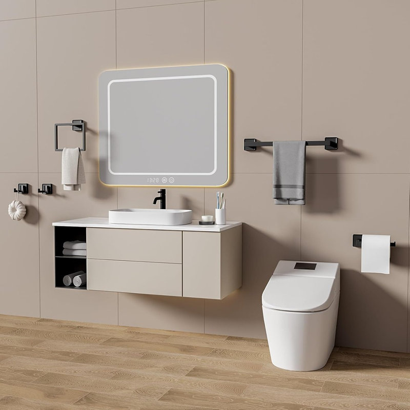 5-Piece Bathroom Hardware Set – Modern Square Black SUS304 Stainless Steel Wall-Mounted Accessories, Includes Towel Bar, Ring, Toilet Paper Holder & Double Hooks