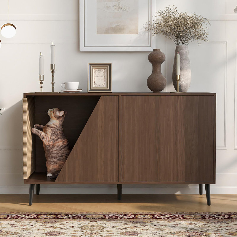 Table d'appoint moderne en noyer 2 en 1 avec porte à ressorts et bac à litière pour chat Cat Sisal