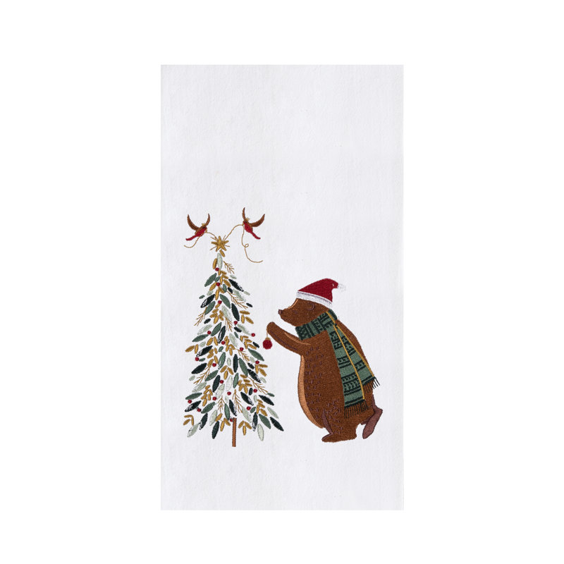 Serviette de Noël brodée ours et oiseaux