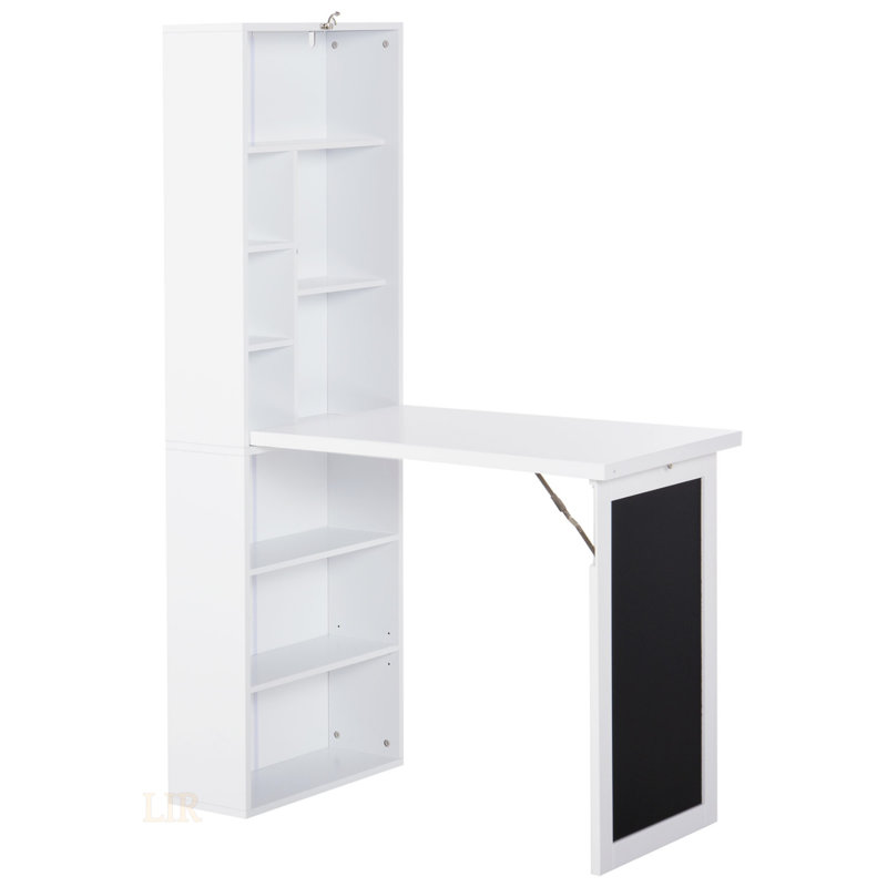 Armoire de bureau murale pliable convertible avec tableau noir et tablette latérale, poste de travail multifonctionnel, blanc