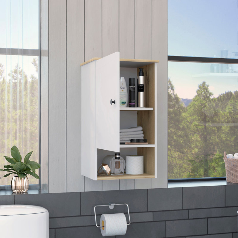 Medicine Single Door Cabinet 28" H, One Shelf, Two Interior Shelves, Light Oak / White, Multicolor