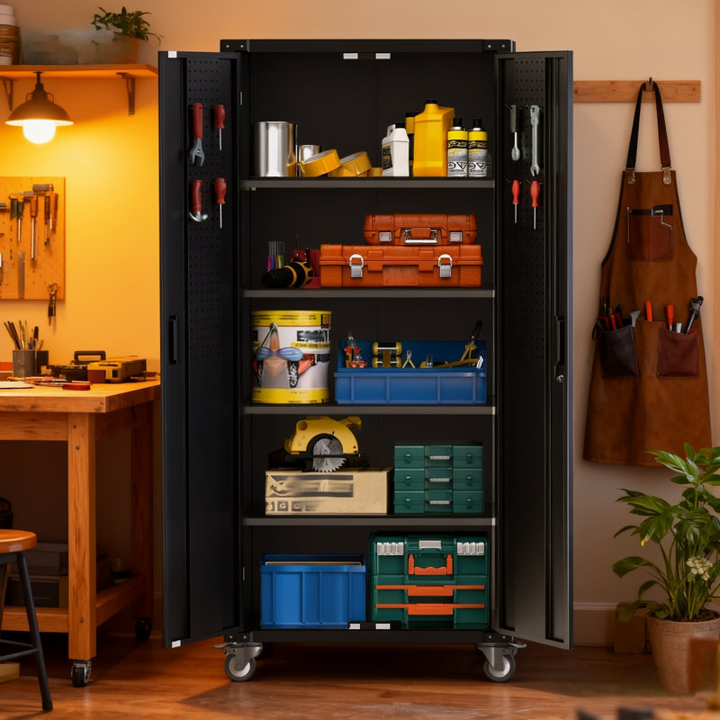 72" Locking Rolling Cabinet with 2 Doors & 4 Adjustable Shelves- 360° Swivel Wheel Garage Storage Rack with Brake,Lockable Magnetic Doors,600 lbs Capacity &1.58" Thickened Steel Frame