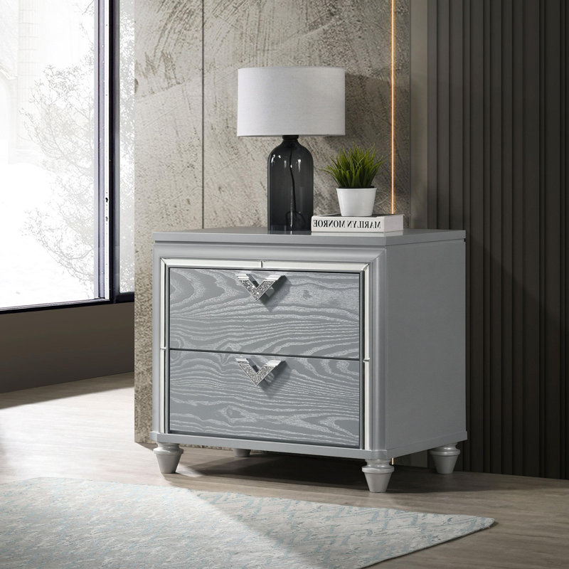 Table de chevet 2 tiroirs argent clair