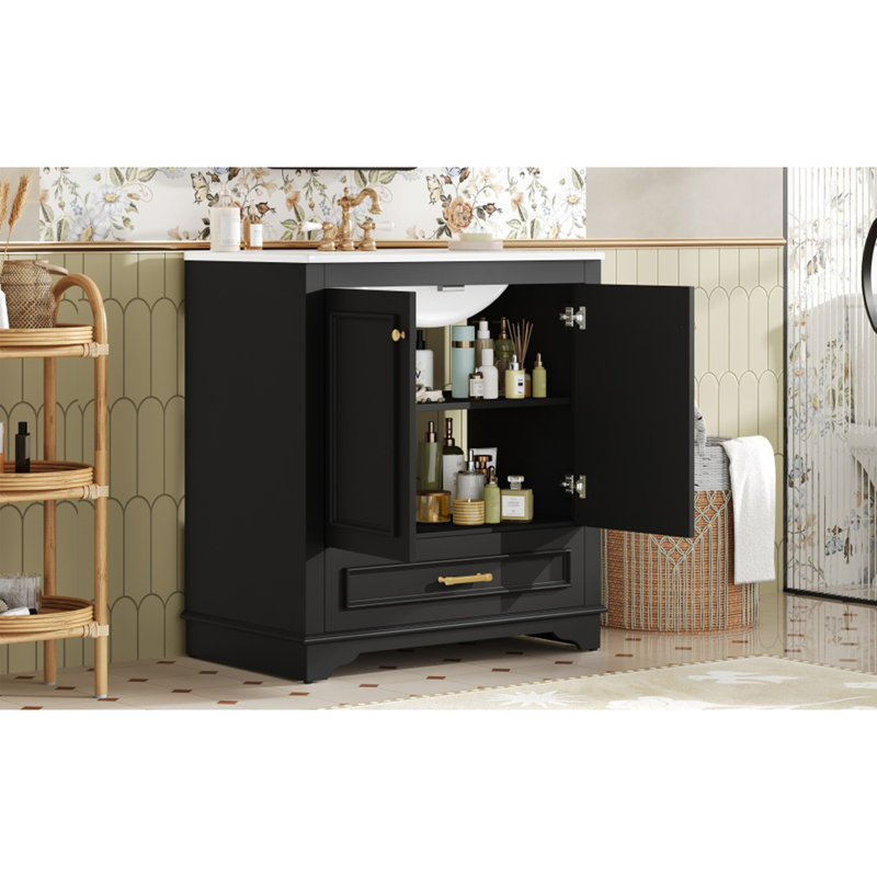 Meuble-lavabo de luxe 30 po avec lavabo en céramique, meuble-lavabo avec 2 grandes portes à fermeture douce, meuble de rangement en bois massif