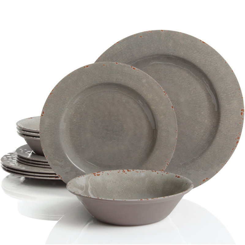 Mauna Gray Crackle Melamine 12-Piece Dinnerware Set, Service for 4