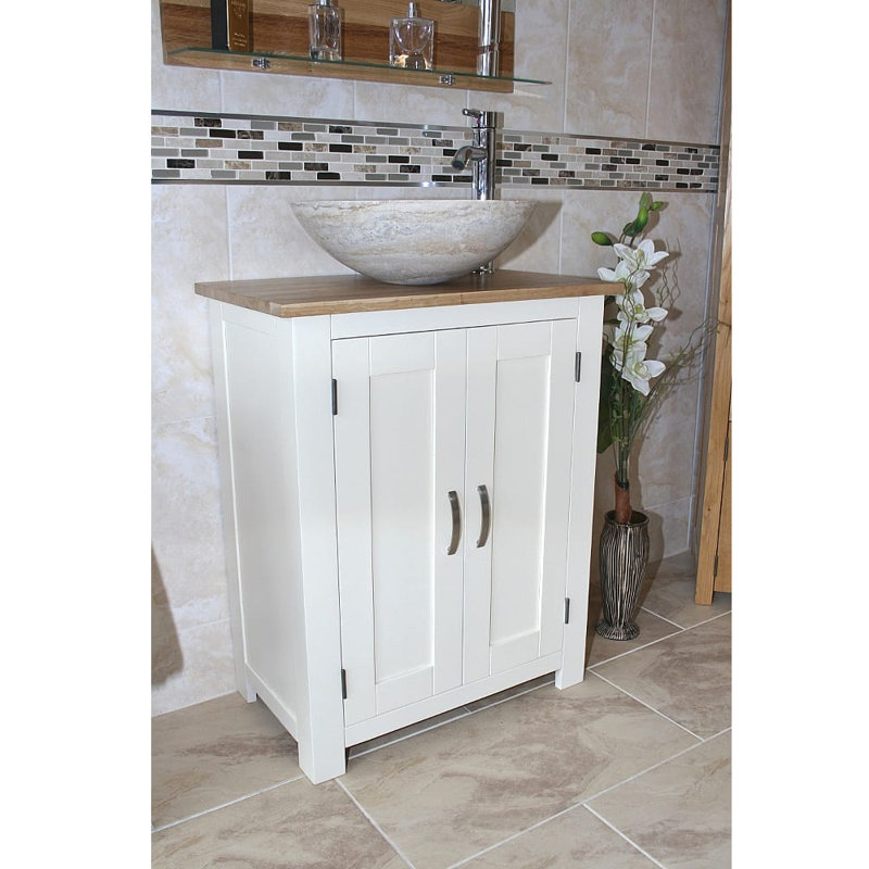 Cowen 650mm Single Bathroom Vanity with Vessel St1 Basin, White, Travertine, Oak
