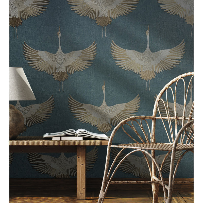 Amariyana Collection Textured Stork Design Wallpaper Roll, Green/Beige
