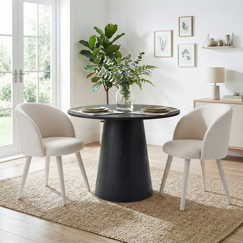 35" Modern Round Pedestal Dining Table Set With 2 Upholstered Arm Dining Chairs, White