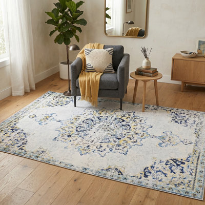 Floranne Oriental Non-Slip Machine Washable Vintage Area Rug in Blue/Yellow/Cream for Living Room, Bedroom, Hallway Runner Indoor Rugs (5'×8')