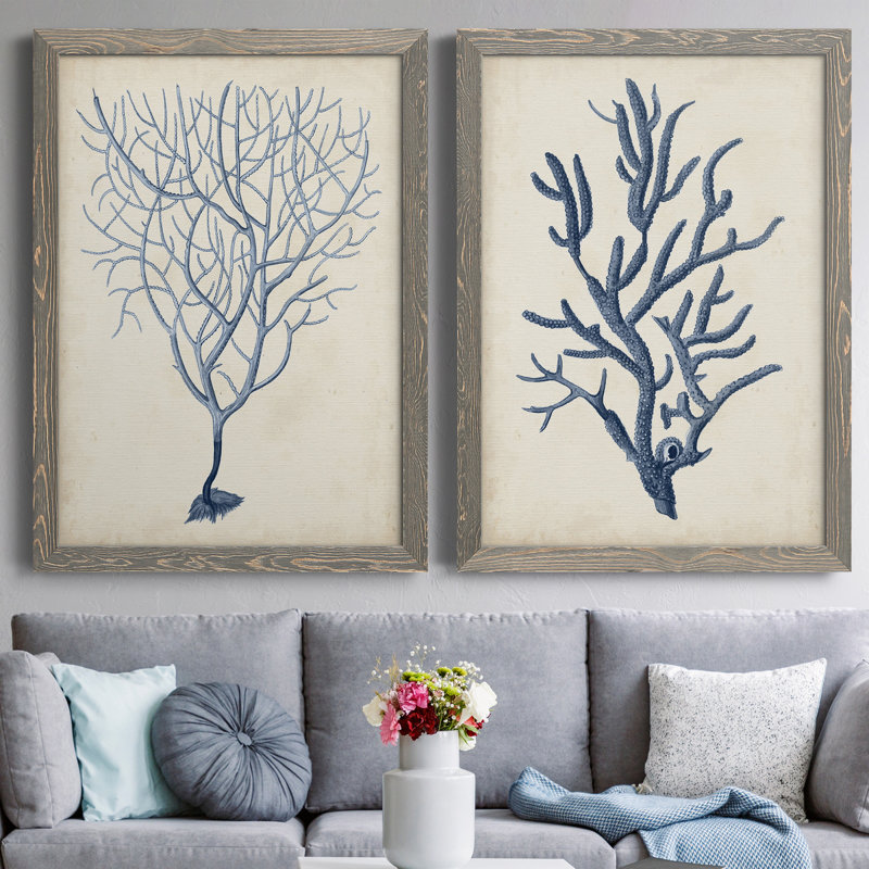Indigo Coral III - ensemble de 2 reproductions d'art encadrées, H 31,5 po x l 47 po x P 1,5 po, Toile avec cadre gris