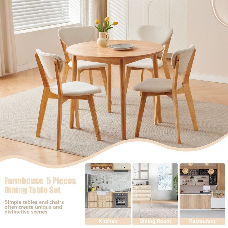 5 -Person Solid Wood Dining Set, White Fabric