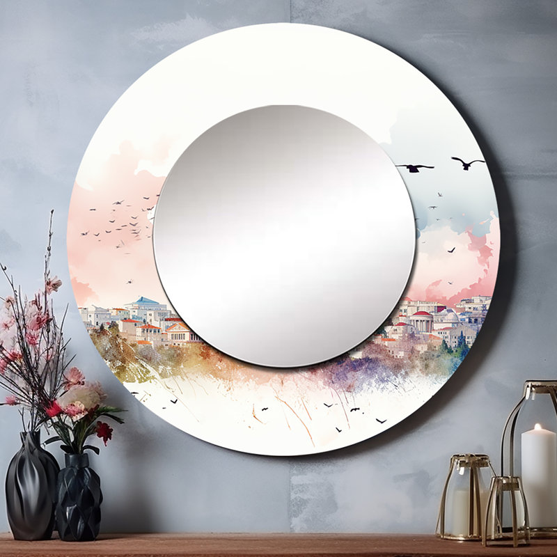 Athènes City Skyline - miroir mural Athènes, miroir décoratif rond industriel, impression d'art en métal, 36 po x 36 po