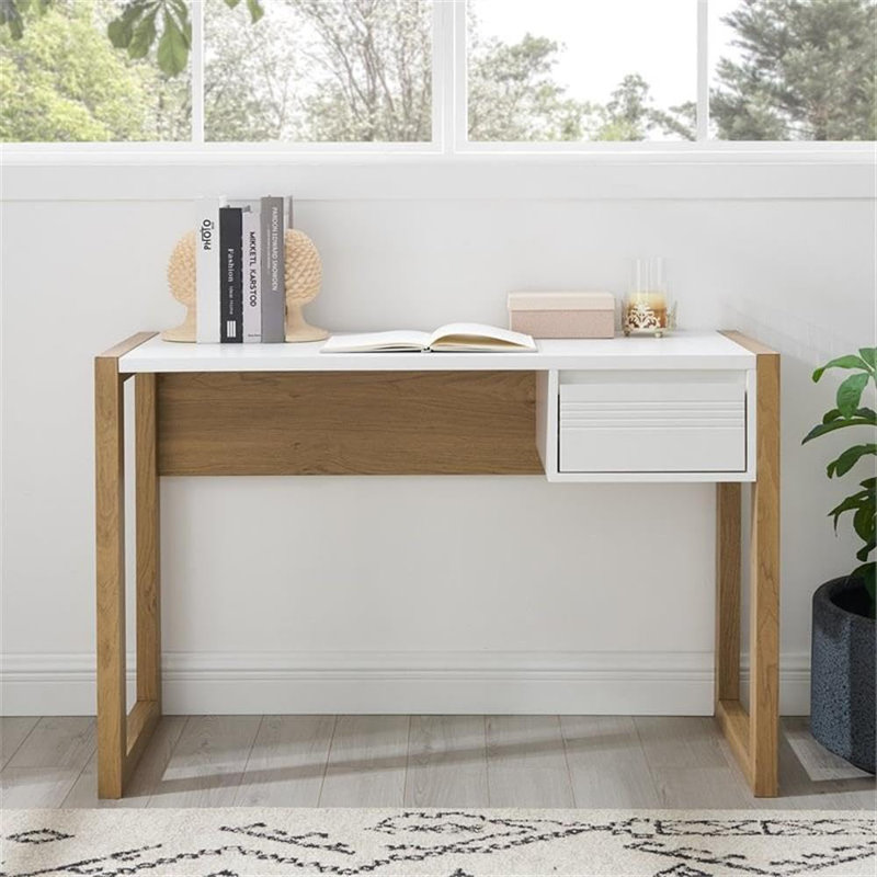 Modern Home Office Desk With Drawer, Fluted Door Details, And Two-Tone Design For Study Or Vanity Use