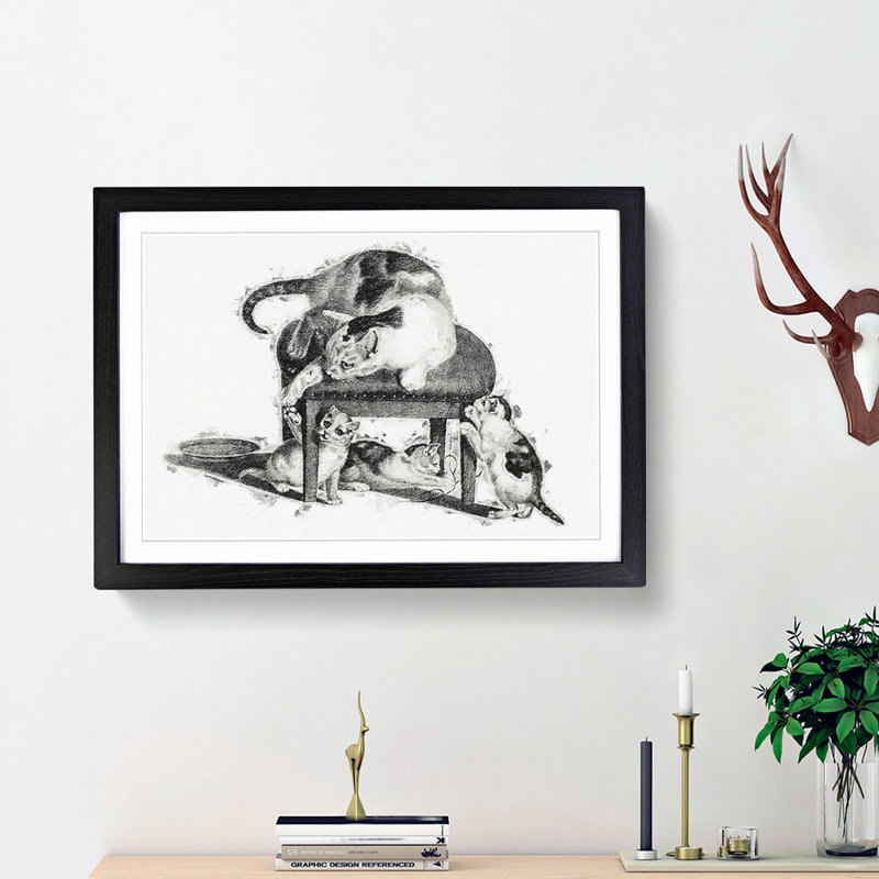 Cat with Kittens by Gottfried Mind - Picture Frame Drawing Print, 36cm H x 48cm W x 2cm D, Black Framed