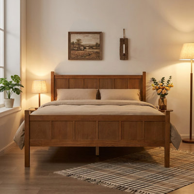 Queen Size Minimalist Panel Bed Frame with Dual End Boards, Rustic Farmhouse Shaker Style Bedroom Furniture, Smooth Wood Grain Finish, Light Walnut