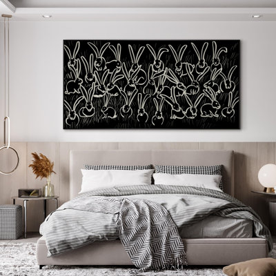 Minimalist Black and White Playful Rabbit Illustrations Extra Large Framed Wall Art Print Decor (Frame Assembly Required)