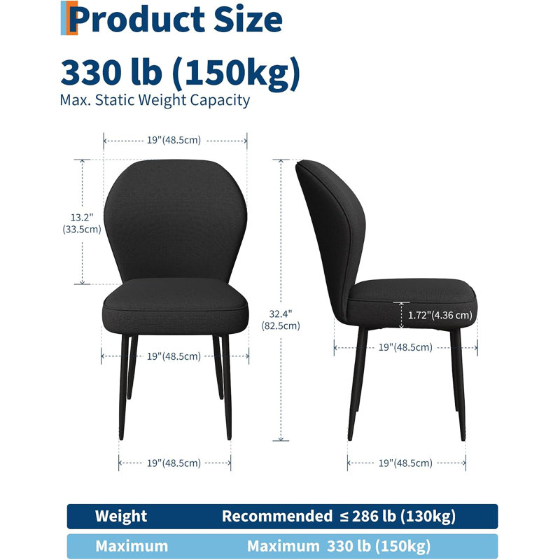 Ensemble de 2 chaises de salle à manger en lin, chaises de cuisine modernes rembourrées en tissu avec pieds en métal, noires