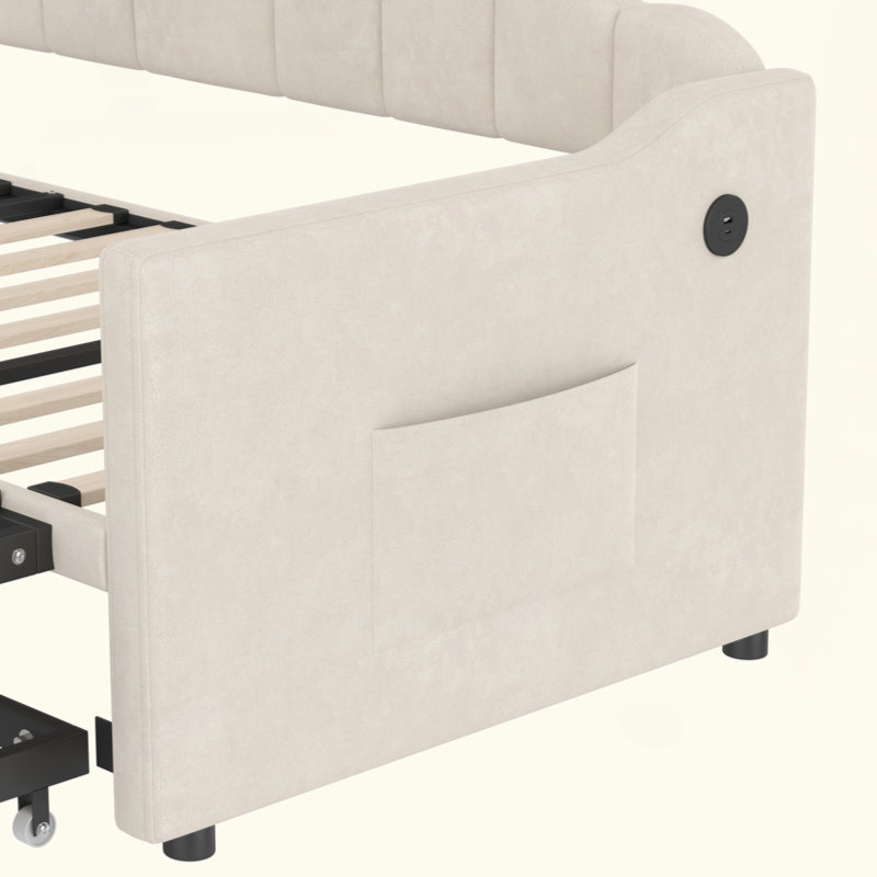 Upholstered Daybed With Adjustable Height Pop Up Trundle Twin Bed And USB & Type-C Charging Port, Day Bed Frame With 2 Side Pockets, No Box-Spring Needed