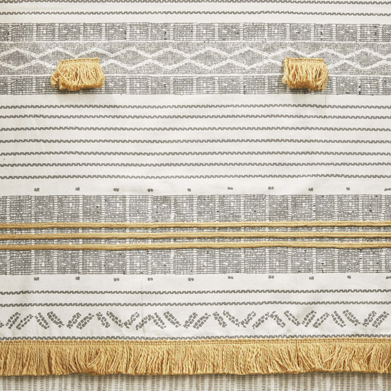 Gray and Yellow Cotton Striped Shower Curtain with Tassels