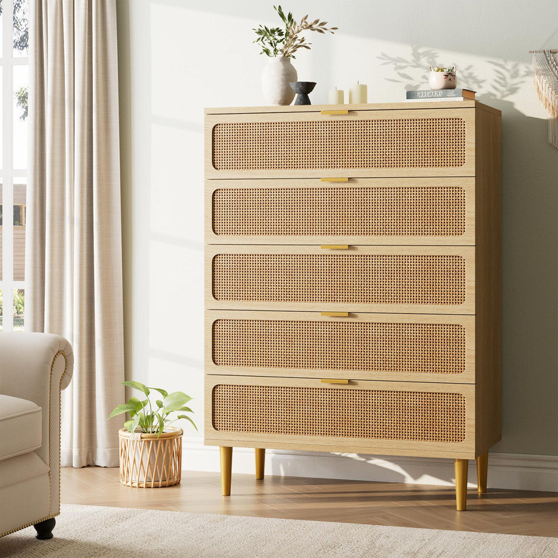 Rattan 5 Drawer Dresser For Bedroom, With Deep Drawers, Brown
