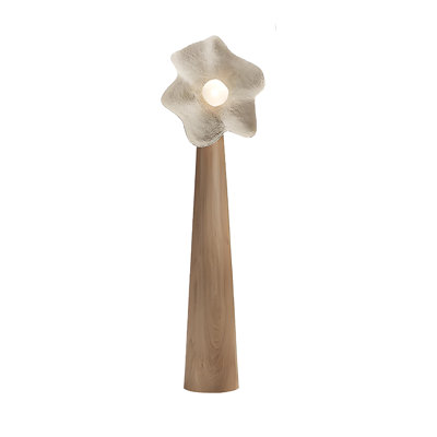55.12" H Wabi‑Sabi Flower Art Floor Lamp, Solid Wood Lamp Post, White Floral‑Shaped Lampshade