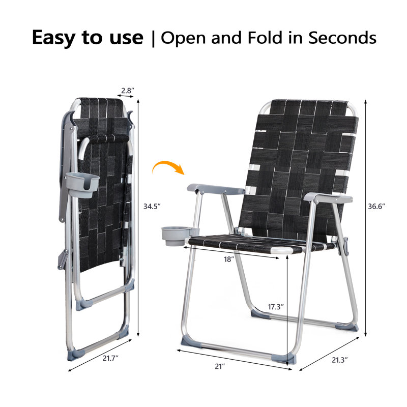 Black Aluminum Folding Beach Chair With Cup Holder (Set Of 2)