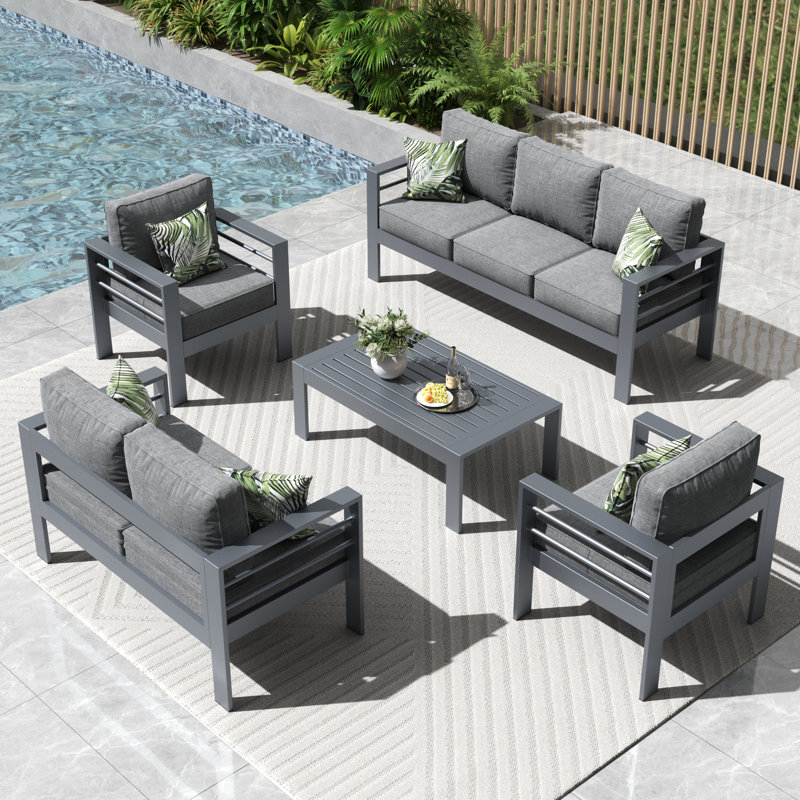 Alturas Standalone Product 5 Piece Sofa Seating Group with Cushions, Gray Frame/Dark Gray Cushion
