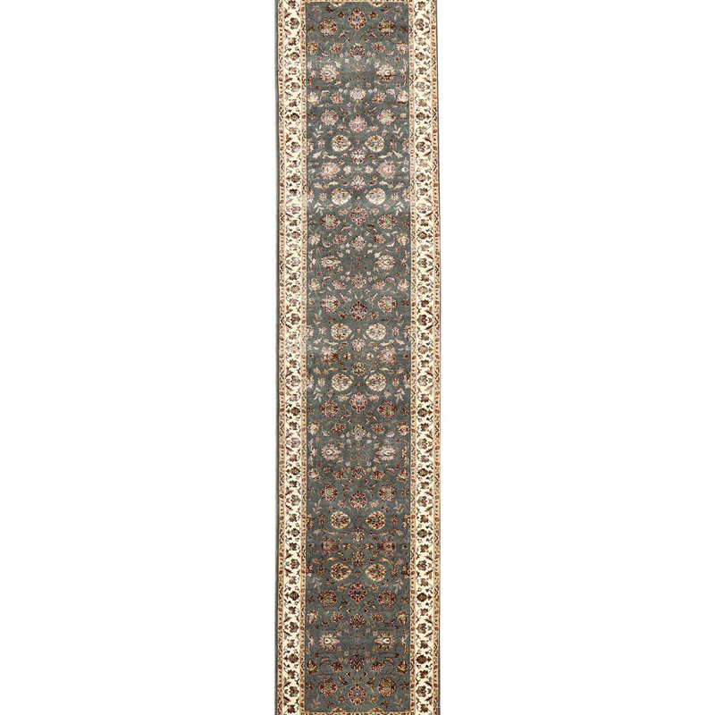 Tapis gris et ivoire noué à la main de haute qualité, Tapis de couloir 2 pi 6 po x 11 pi 9 po