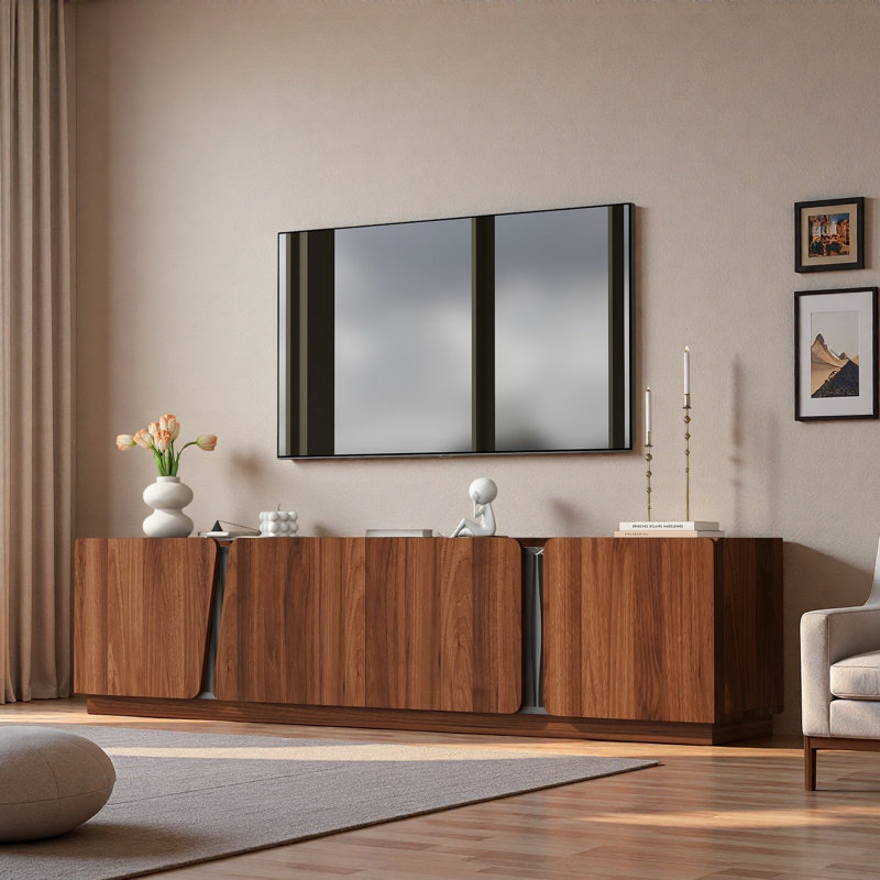 Meuble télé moderne avec coins arrondis, plateau en marbre et tablettes réglables, Tigre