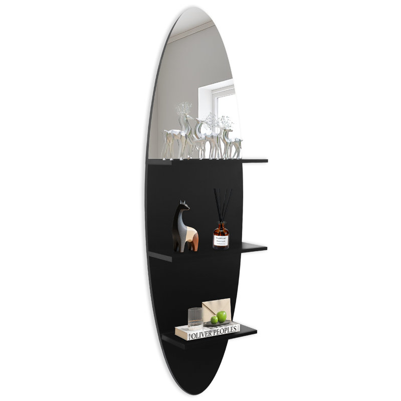 Oval Wall Shelf with Mirror, Black