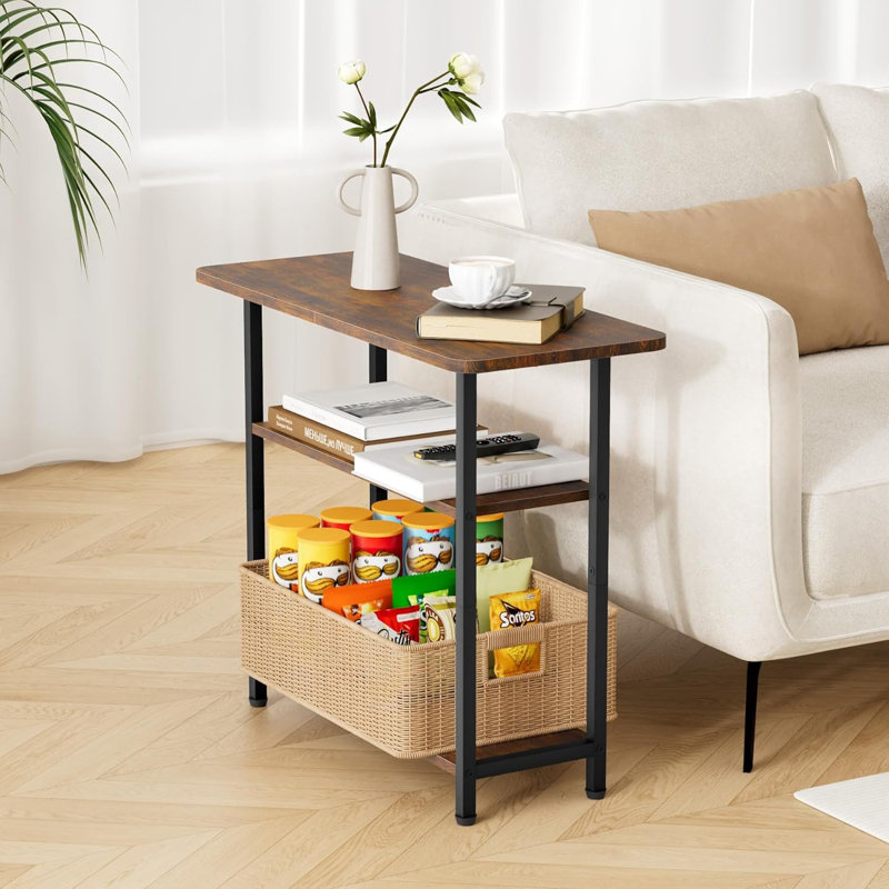 3-tier Brown Narrow Side End Table With Storage