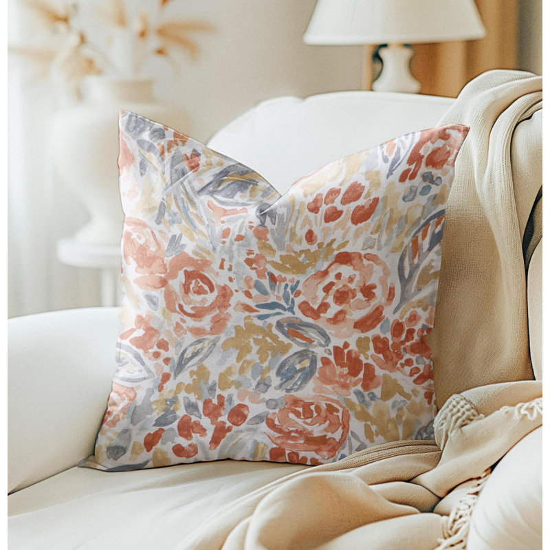 Peach Orange Floral Pillow cover , Square 19"