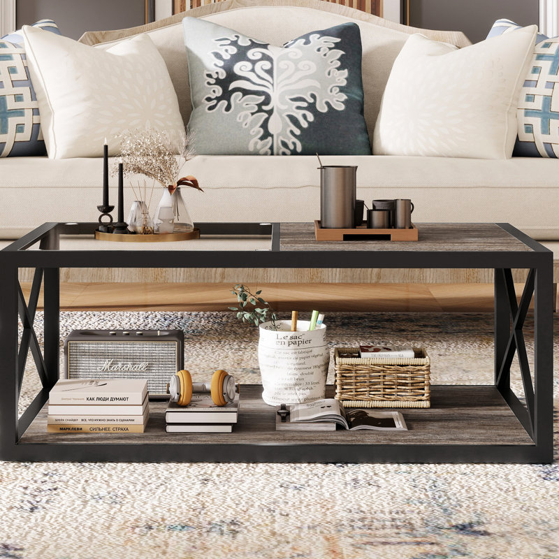 Table basse contemporaine avec rangement en verre trempé et structure en métal, structure stable, structure industrielle unique en X avec charge de 220 lb, matériau, surface lisse, largeur 38,94 po