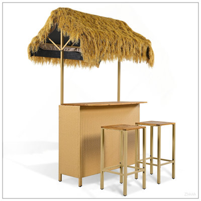 GO Hawaiian-Style Bar Height Patio Set With PE Grass Canopy, Outdoor Bar Table And Stools With Adjustable Feet, Acacia Wood Top, For Dining And Drinking