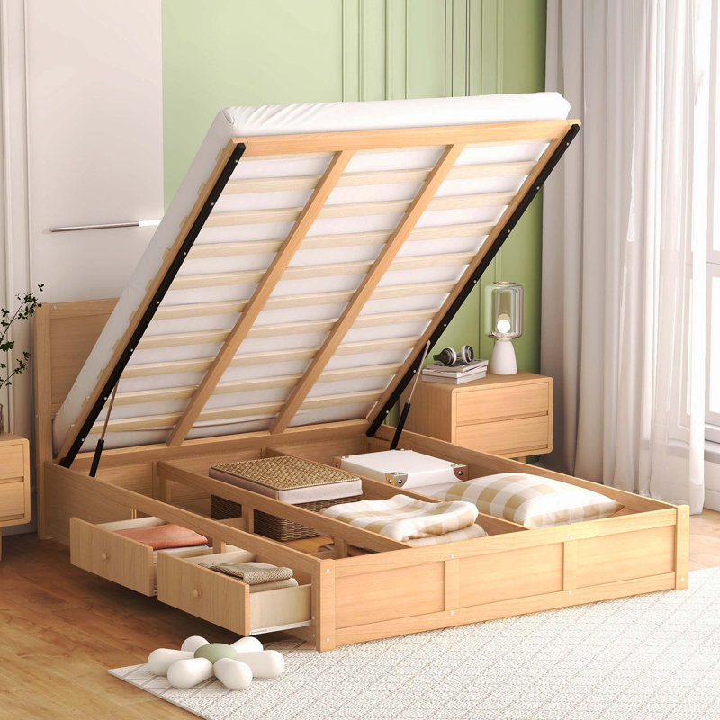 Grand lit plateforme en bois avec rangement sous le lit et 2 tiroirs, finition bois