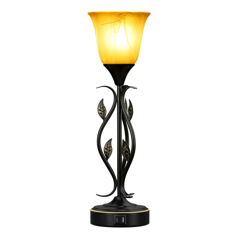 Lampe de table 20 pouces à 2 DEL à intensité variable avec design à fleur de feuille et double port USB. Abat-jour en verre