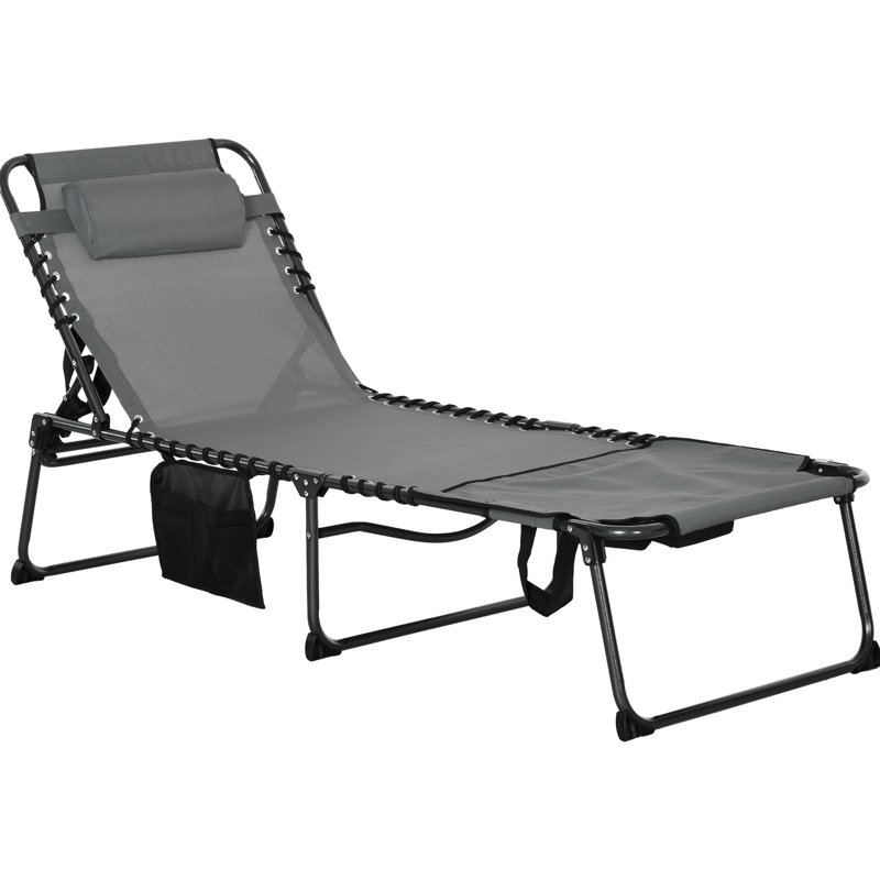 Chaise longue grise pour l'extérieur avec structure en maille respirante et en acier, dossier 5, poche latérale, fauteuil de plage, inclinable à 5 niveaux, trou de lecture, gris, patio pliable