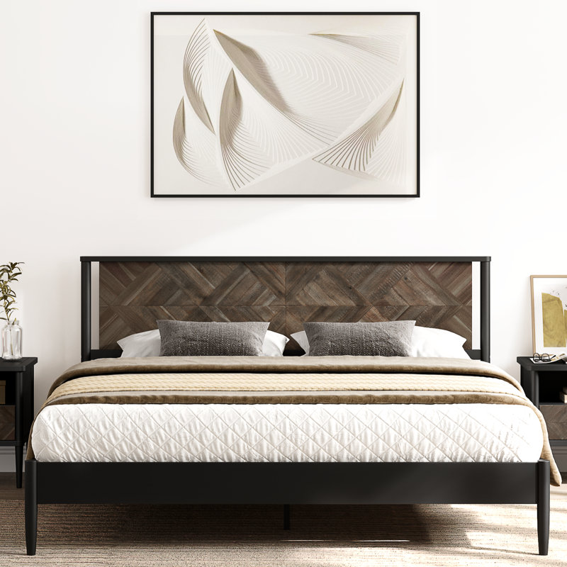 Cartlin Mid Century Modern Acacia Wood Platform Bed Frame with Artistic Chevron Headboard & Mystic Black Finish, 800lbs Heavy Duty, No Box Spring Needed