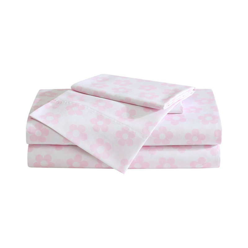 Betsey Johnson Printed Novelty Sheet Sets, Retro Daisy Pink, Queen Sheet Set with 2 Standard Pillowcases